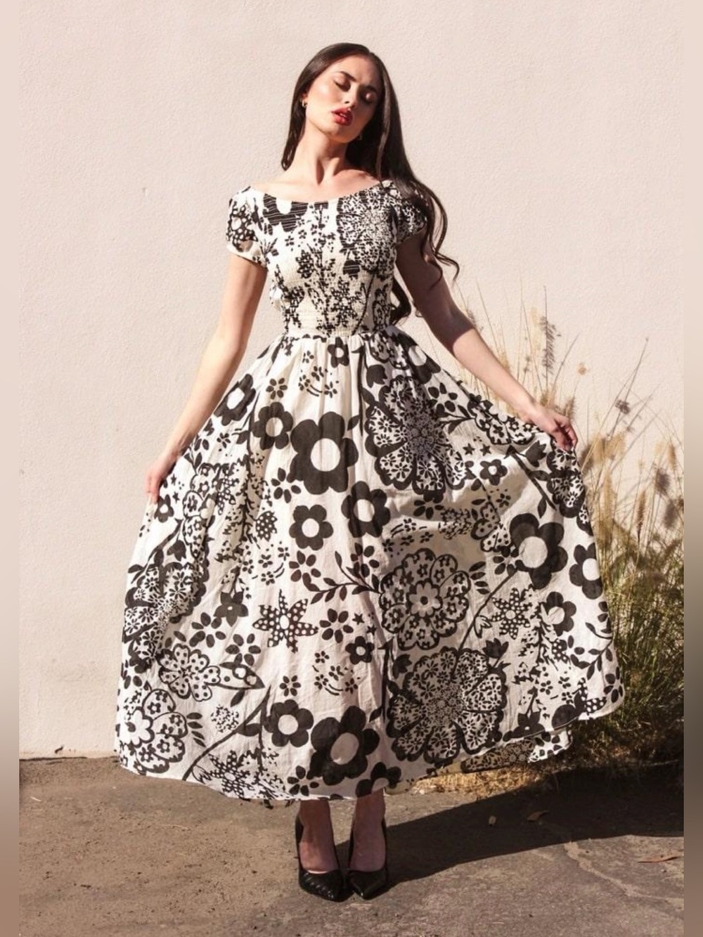 Free People Black & White Floral Off-Shoulder Maxi Dress